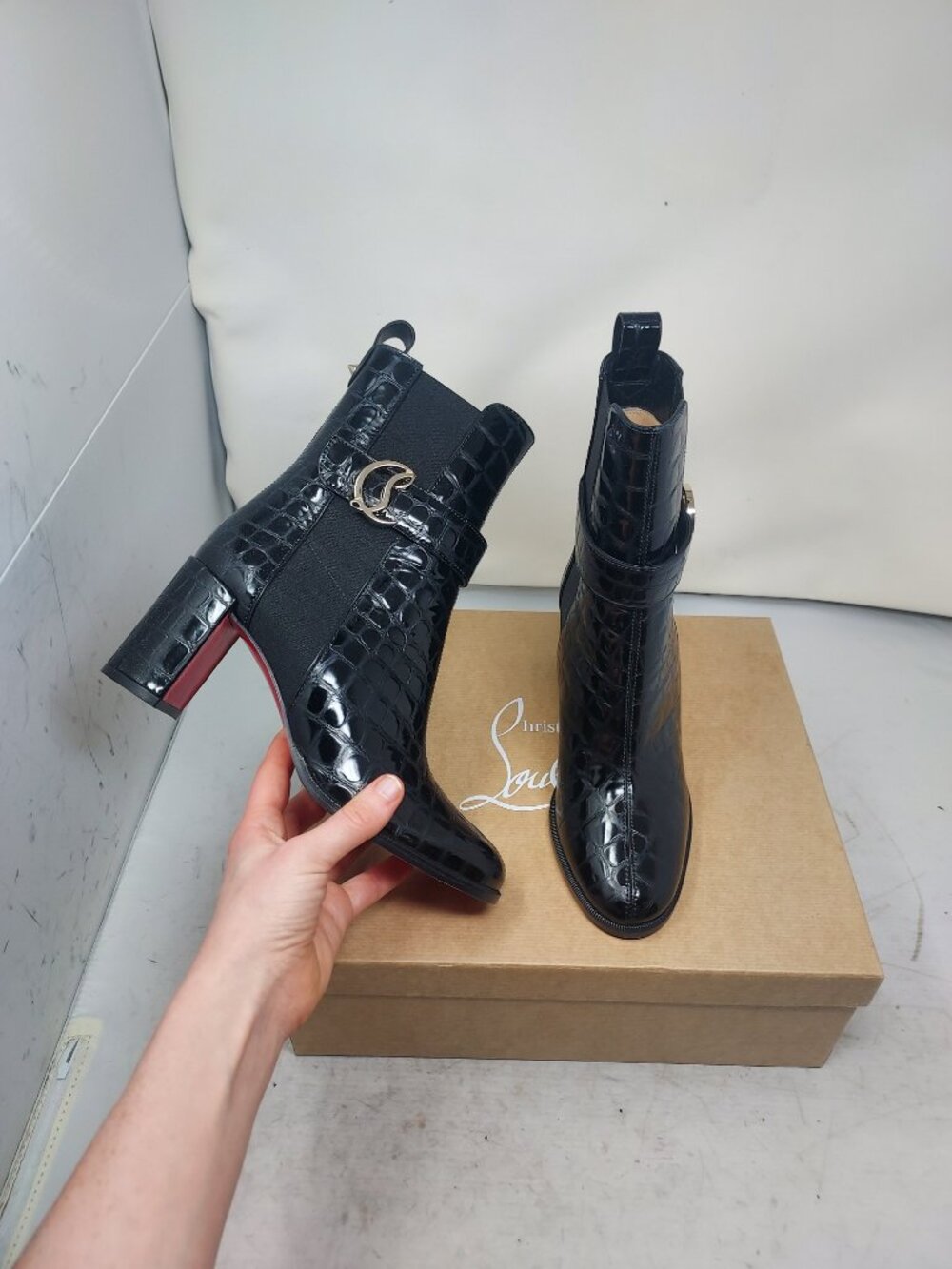 Christian Louboutin CL Black Crocodile Heel Chelsea Boot